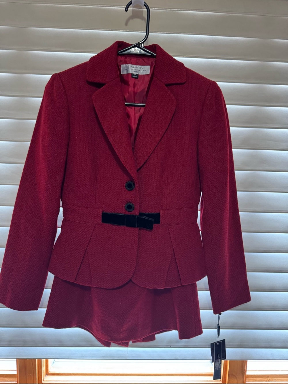 Tahari Crimson Peplum Blazer with Black Velvet Bow
